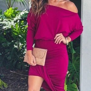 Saved By The Dress Burgundy One Shoulder Assymetrical Ruched Dress Small